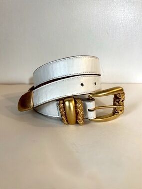 Leatherock Inc 1994 Off-White Leather Belt 8248 Gold Tone Buckle Sz M VTG